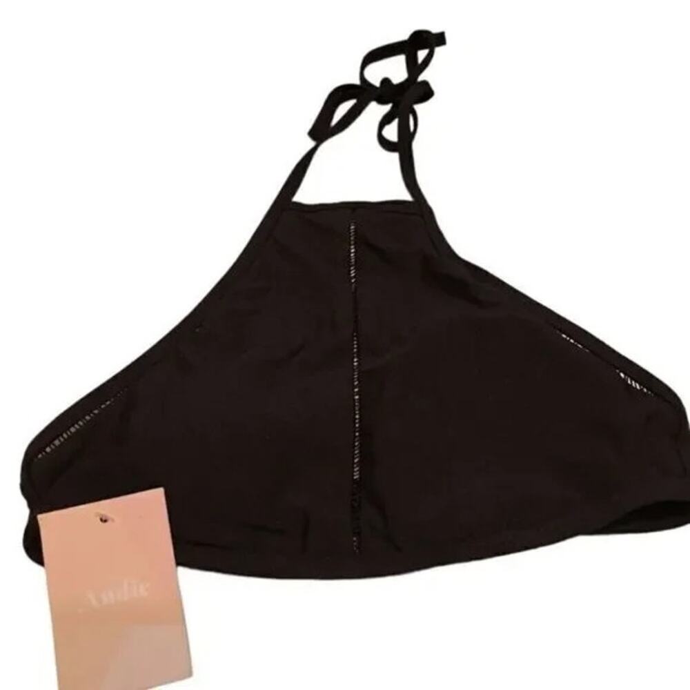 NWT Andie The High Neck Cropped Halter Bikini Top Tie Clasp Close XS Black #3875